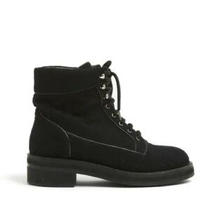 *CHANEL* Black Felt Lace-Up Moto Boot w/Leather Trim Size 41